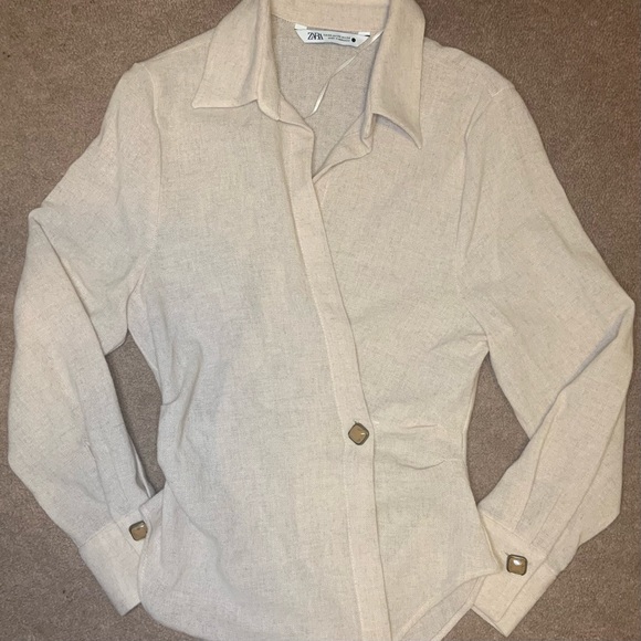 ZARA Tan/ Cream Double Breasted Shirt - Picture 6 of 9